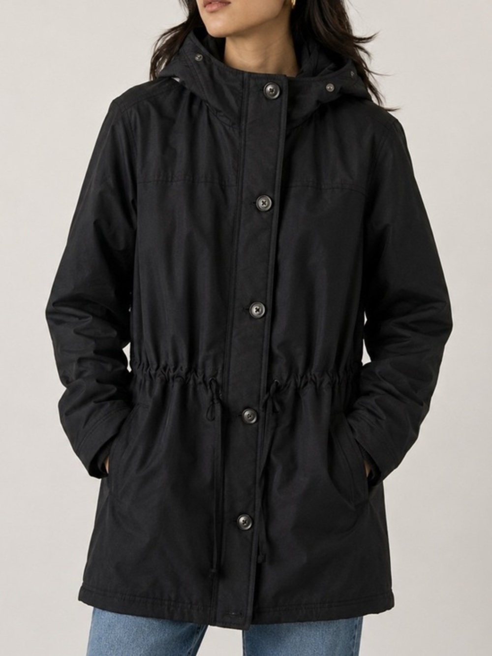 Hollister Black Hooded Zip Button Toggle Waist Utility Jacket Coat